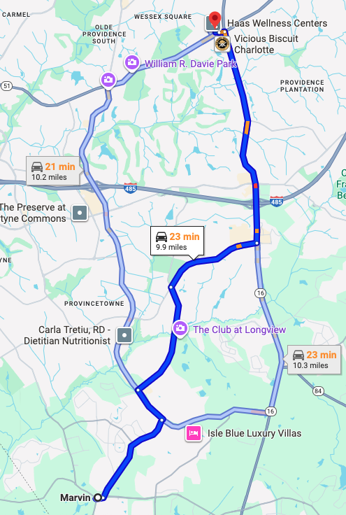 Directions from Marvin, NC to Metrolina Periodontics & Dental Implants
