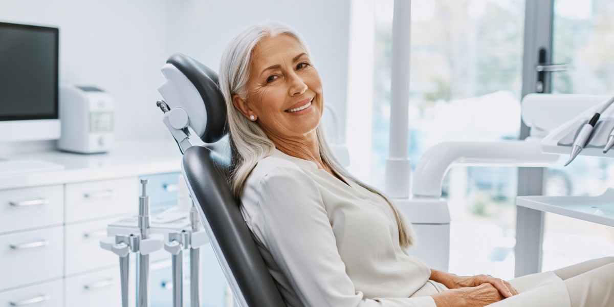 Older Female Model on Dental Chair After Dental Implant Restoration